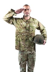 Portrait of confident soldier standing with a helmet