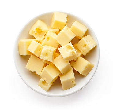 Bowl of diced cheese squares from above