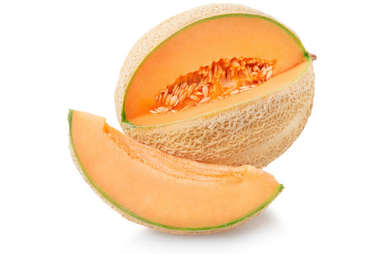 Cantaloupe melon with slice isolated on white, clipping path
