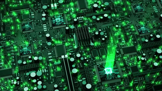 Beautiful 3d animation of the Endless Motherboard with Moving Green Flares and Working Processors. Looped Motion over the Circuit Board. HD 1080.