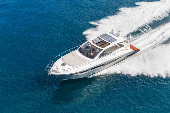 luxury motor boat, rio yachts italian shipyard, aerial view