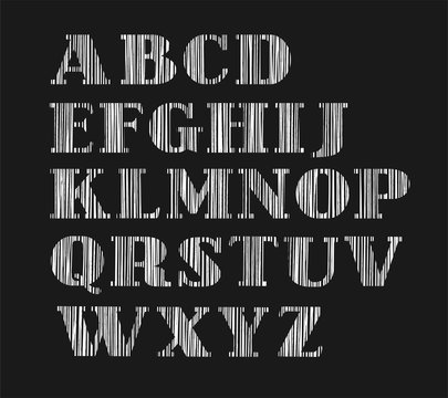English alphabet, capital letters, the vertical shading with a pencil, simulation, vector. Vector, white letters on a black background. Font, shading with a pencil. 