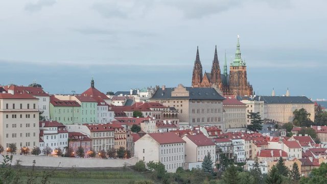 Panorama of Prague Castle from Petrin Gardens in the evening, Prague - time lapse video
