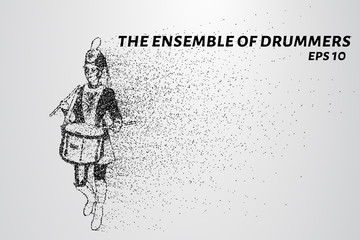 Drummer of the particles. The drummer in a school orchestra. The drummer breaks down into smaller molecules. Vector illustration