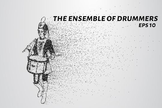 Drummer of the particles. The drummer in a school orchestra. The drummer breaks down into smaller molecules. Vector illustration