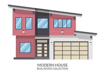 Modern house with garage, real estate sign in flat style. Vector illustration