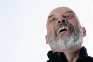 Laughing Bald Senior Mature Man with Gray Beard