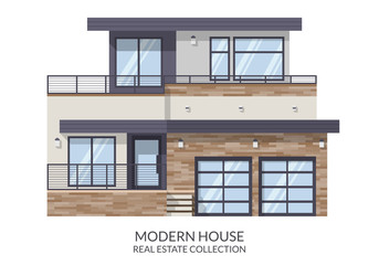 Modern big house, real estate sign in flat style. Vector illustration