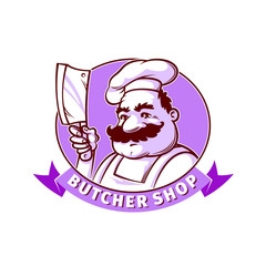 Butcher shop emblem. Smiling butcher with knife