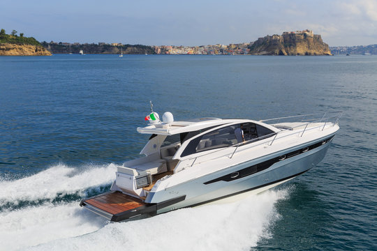 luxury motor boat, rio yachts italian shipyard, aerial view
