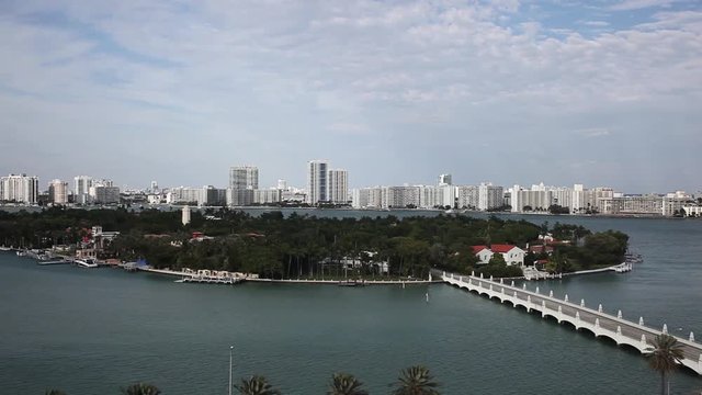 Cruise ship scenics, Miami Florida scenic skyline aerials, Steadicam pan, establishing beauty shot, departing the Port of Miami.