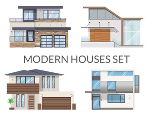 Modern houses set, real estate signs in flat style. Vector illustration