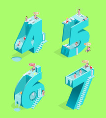 Set of Isolated High Quality Isometric Blue Numbers on Green Background ( Four , Five , Six and Seven ). Vector Illustration.