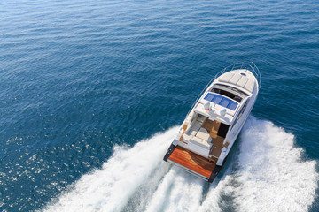 Naklejka premium luxury motor boat, rio yachts italian shipyard, aerial view