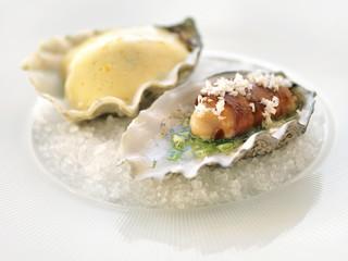 Plate with hand and shrimps. haute cuisine