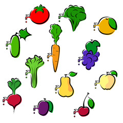 Set of fruits and vegetables icons simplistically painted with a tap from dripping juice