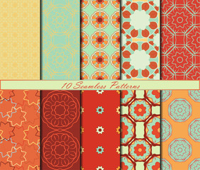 Set of ten seamless patterns with mandalas in beautiful colors. Vector background