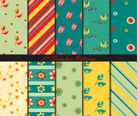 Set of ten seamless patterns with flowers and leaves in doodle style. Vector background
