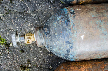 a lot of Danger gas bottle / gas cylinder valve / gas bottle / Oxygen tank / Industrial Nitrogen cylinders in group / Scuba air tanks with valves