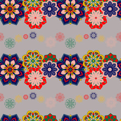 Seamless pattern with floral mandalas in bright trendy colors. Vector background