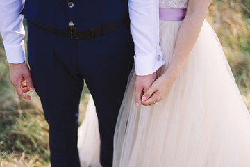 bride in beige wedding dress and groom in white shirt and blue suit with vest are holding hands
