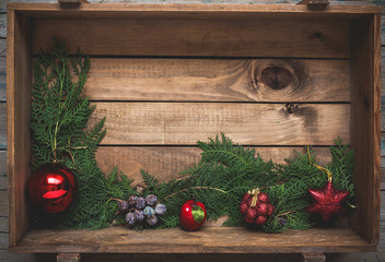 Christmas ornaments composition From above