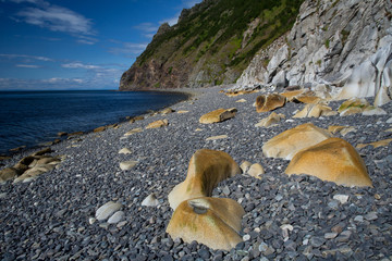 Yellow stones on the seashore. Koni peninsula, the Sea of Okhotsk, Magadan Oblast, Russia. - obrazy, fototapety, plakaty