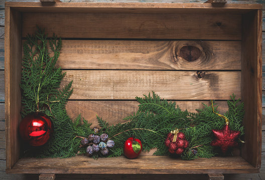 Christmas ornaments composition From above