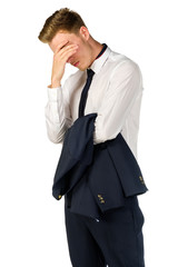 Thoughtful young businessman isolated on white background