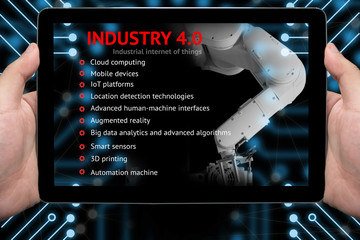 Industry 4.0 Industrial internet of things and Cyber Physical Systems concept. Smart factory solution,Manufacturing technology,automation robot  with hand holding tablet with abstract background