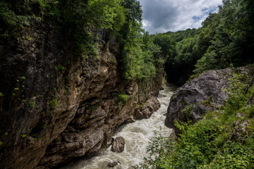 Russia , the Republic of Adygea . Rough river Belaya in Khadzhokhsky gorge