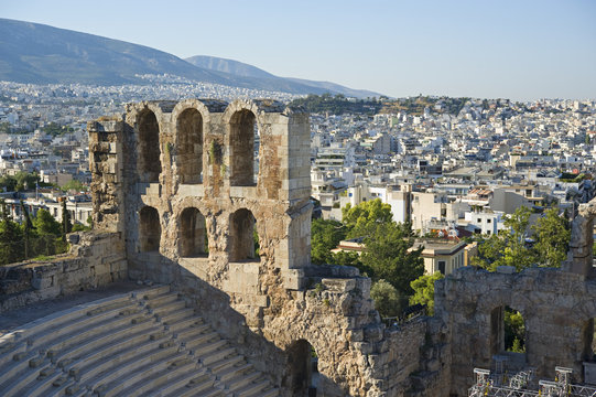 Odeon of herodes atticus with view of athens;Athens greece
