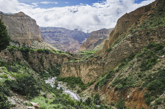 Deep mountain river canyon between nepalese villages samar and gemi;Upper mustang region nepal