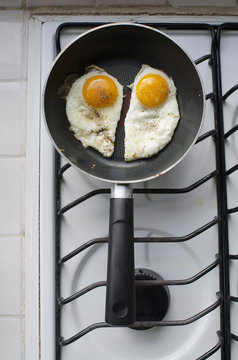 Two sunny side up fried eggs in a pan on an oven;Aguascalientes aguascalientes mexico