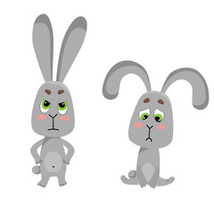 Set of cute and simple cartoon rabbits. Vector sad hares