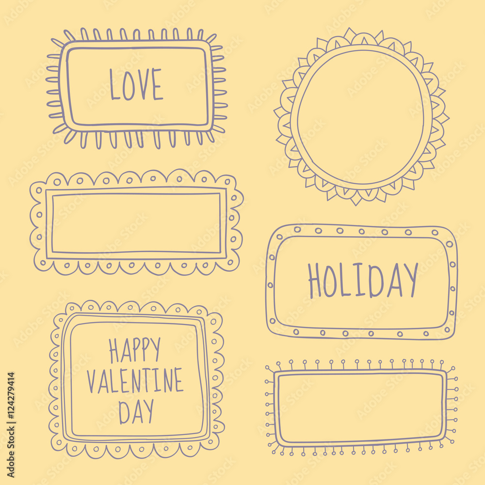 Poster Set of decorative frames hand drawn. Vector illustration. Isolated on a light background. You can use for greeting cards, wedding invitations.