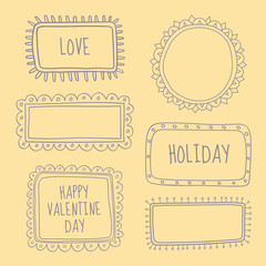 Set of decorative frames hand drawn. Vector illustration. Isolated on a light background. You can use for greeting cards, wedding invitations.