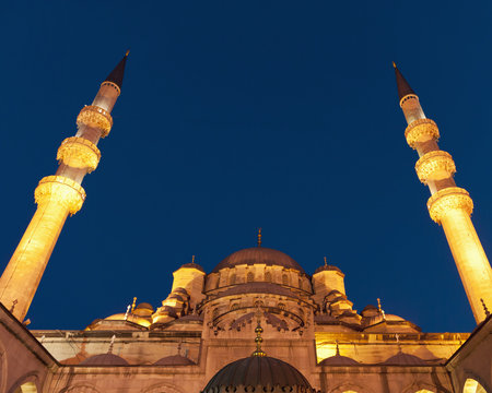 Low angle view of mosque of the valide sultan at night;Istanbul turkey