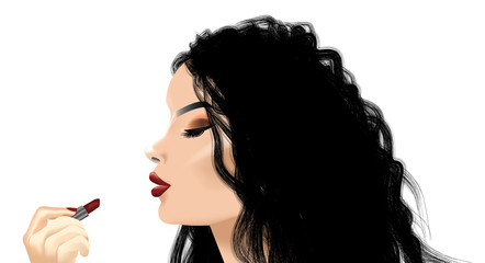 Obraz premium Illustration of a female applying red lipstick