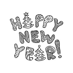 Happy New Year - Black And White Cartoon Banner For Coloring