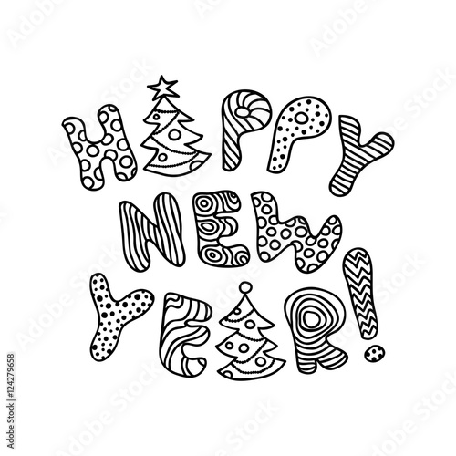 &quot;Happy New Year - Black And White Cartoon Banner For Coloring&quot; Stock