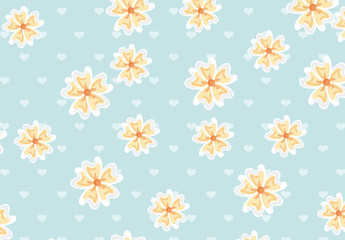Yellow Flowers and Hearts Pattern on a Light Blue Background