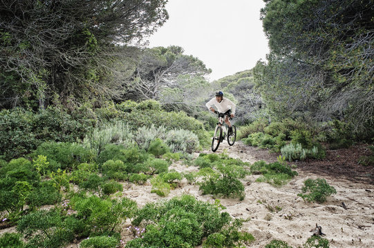 Cycling over rugged terrain, Tarifa, Cadiz, Andalusia, Spain