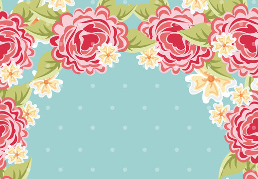 Bright Rose and Yellow Flower Border on a Polka Dot Background