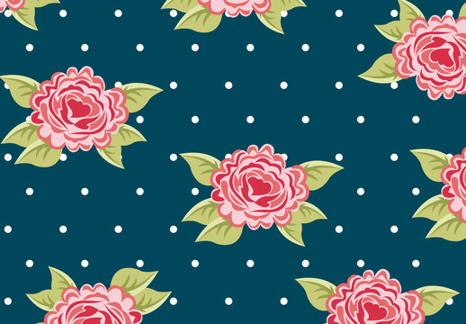 Pink Roses and Polka Dots Pattern on a Navy Blue Background