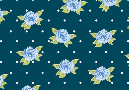 Light Blue Roses and Polka Dots Pattern on a Navy Blue Background