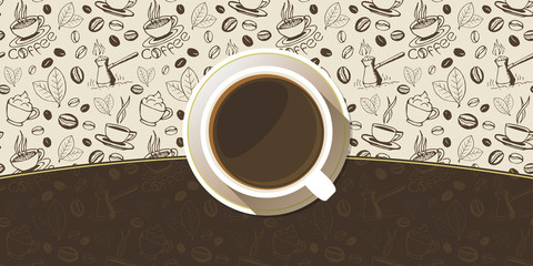 Coffee cup on a saucer top view background. White mug full of coffee on sketchy hand drawn backdrop. Vector eps10 illustration.