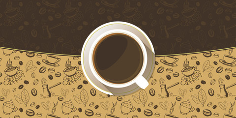 Coffee cup on a saucer top view background. White mug full of coffee on sketchy hand drawn backdrop. Vector eps10 illustration.