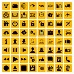yellow set of black flat web, multimedia and business icons on a