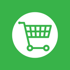 white flat shopping cart icon on a green background - vector ill